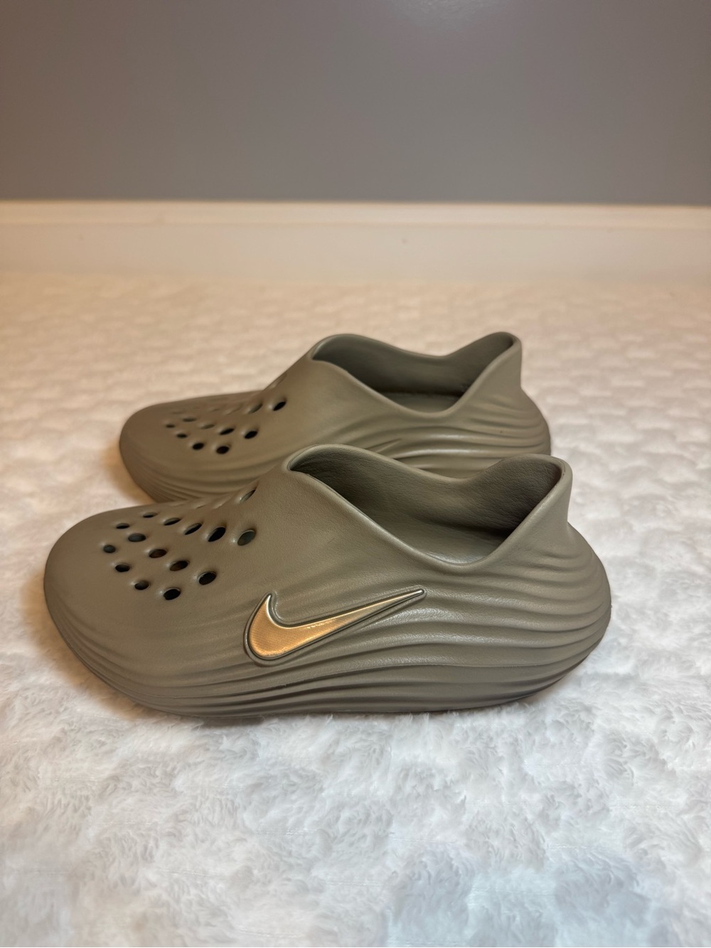 Nike Kids Olive Green Slip-On Clog with Gold Swoosh